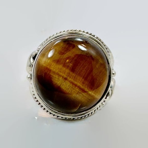 Tiger Eye Ring, Sterling Silver, Tiger's Eye Stone, Brown,Big Stone, Statement - Picture 5 of 7